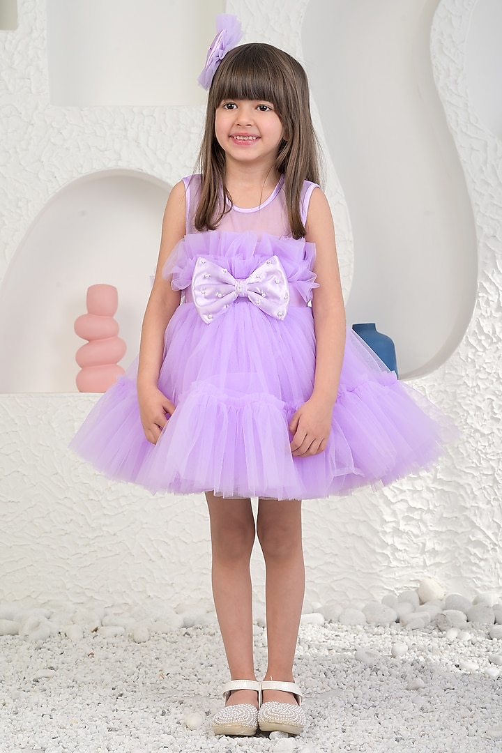 Lavender Soft Net Bow Dress For Girls by MIAKKI KIDS at Pernia's Pop Up Shop
