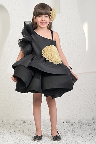 Black Satin Floral Dress For Girls by MIAKKI KIDS