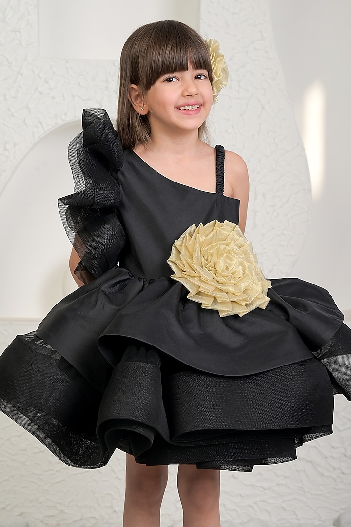 Black Satin Floral Dress For Girls by MIAKKI KIDS at Pernia's Pop Up Shop