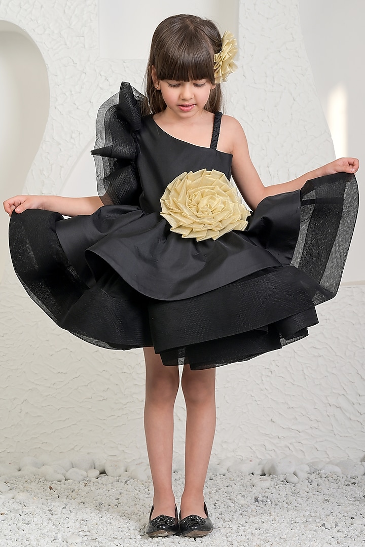 Black Satin Floral Dress For Girls by MIAKKI KIDS at Pernia's Pop Up Shop