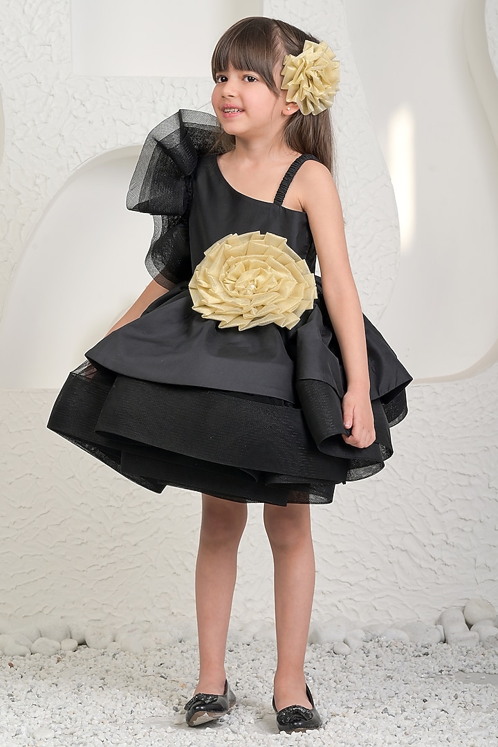 Black Satin Floral Dress For Girls by MIAKKI KIDS at Pernia's Pop Up Shop