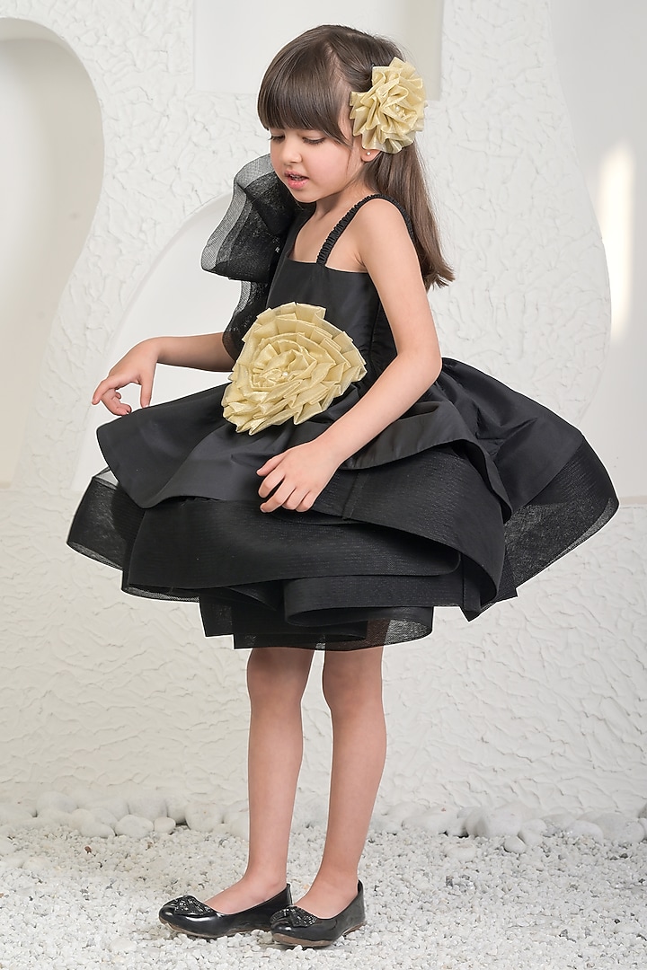 Black Satin Floral Dress For Girls by MIAKKI KIDS at Pernia's Pop Up Shop