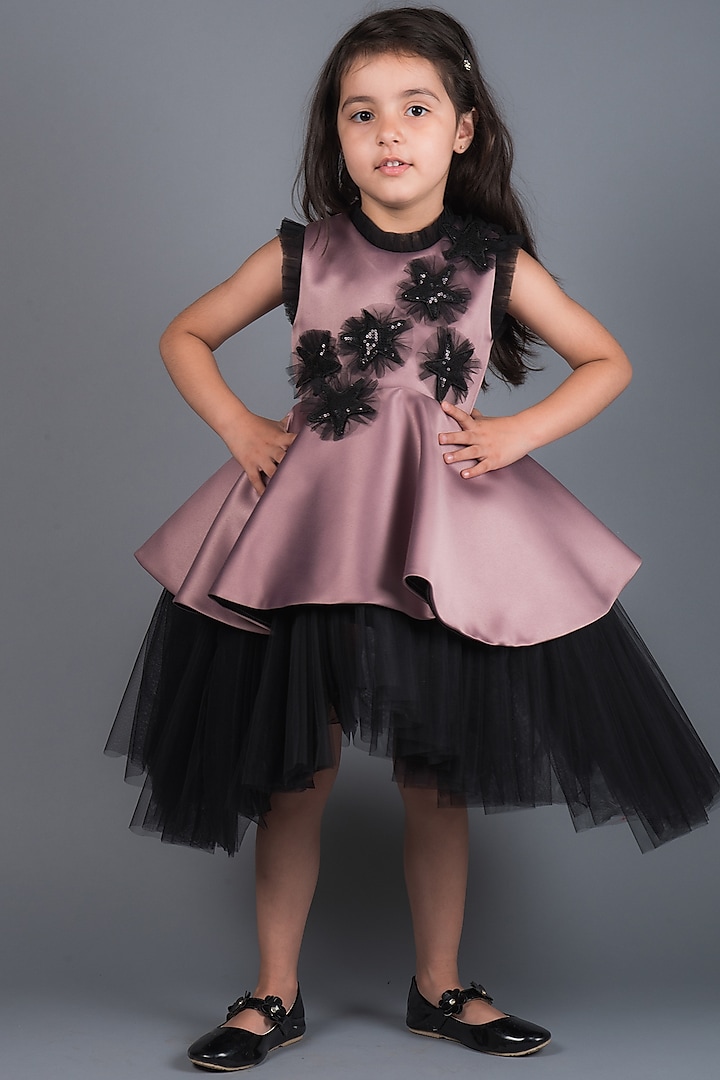 Lilac & Black Satin Dress For Girls by MIAKKI KIDS