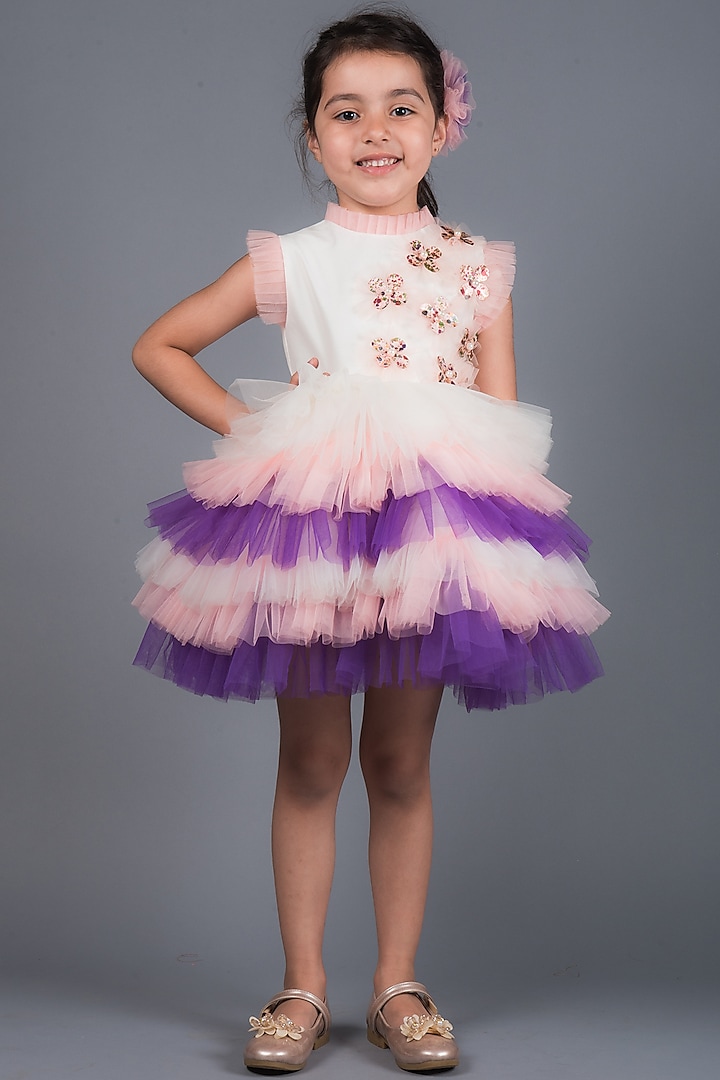 White & Purple Silk Dress For Girls by MIAKKI KIDS