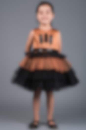 Orange & Black Satin Dress For Girls by MIAKKI KIDS