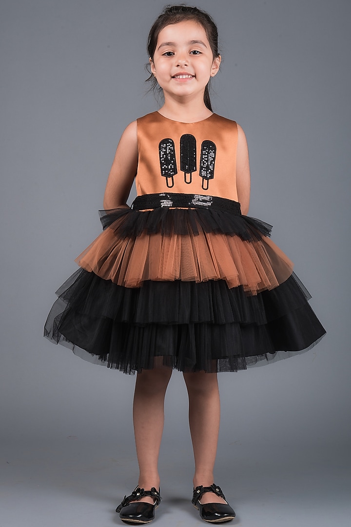 Orange & Black Satin Dress For Girls by MIAKKI KIDS