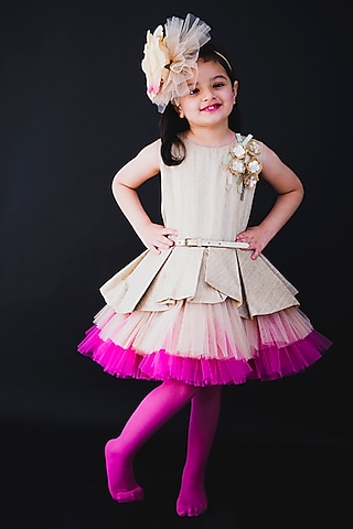 Gold & Pink Silk Dress by MIAKKI KIDS