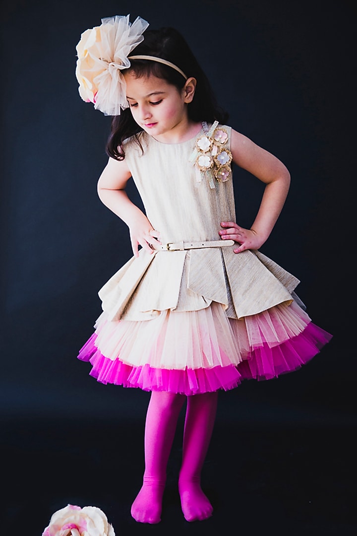 Gold & Pink Silk Dress by MIAKKI KIDS at Pernia's Pop Up Shop