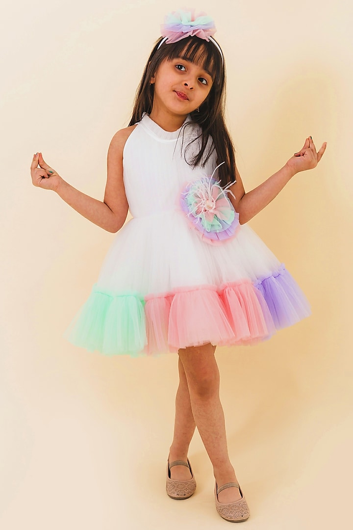 Multi-Colored Net Dress For Girls by MIAKKI KIDS