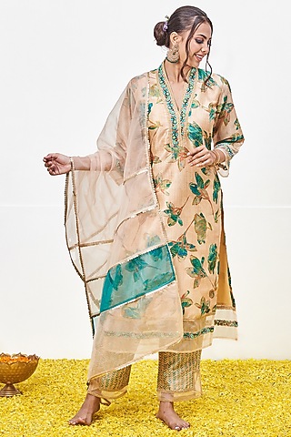 Beige Tussar Silk Hand Block Printed Kurta Set by Miar Designs-By Siddhi Shah