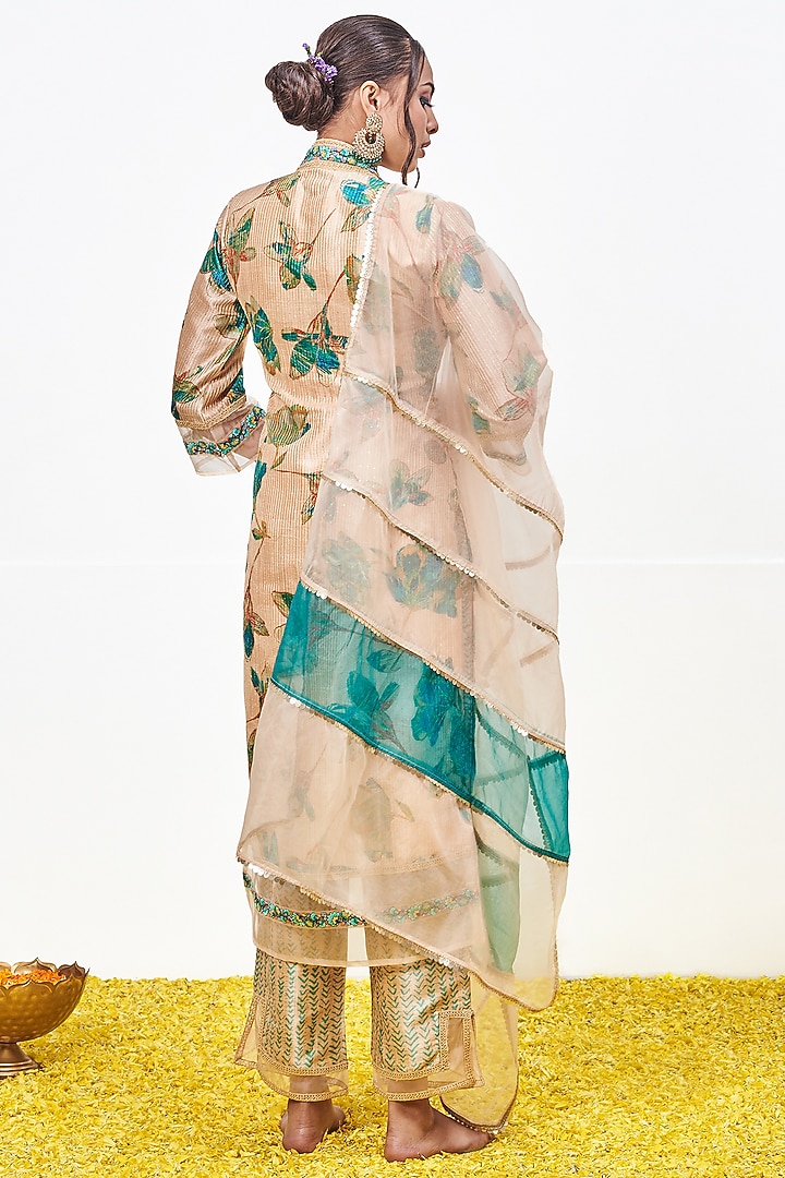 Beige Tussar Silk Hand Block Printed Kurta Set by Miar Designs-By Siddhi Shah at Pernia's Pop Up Shop