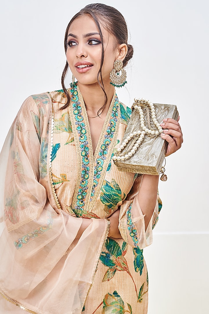 Beige Tussar Silk Hand Block Printed Kurta Set by Miar Designs-By Siddhi Shah at Pernia's Pop Up Shop