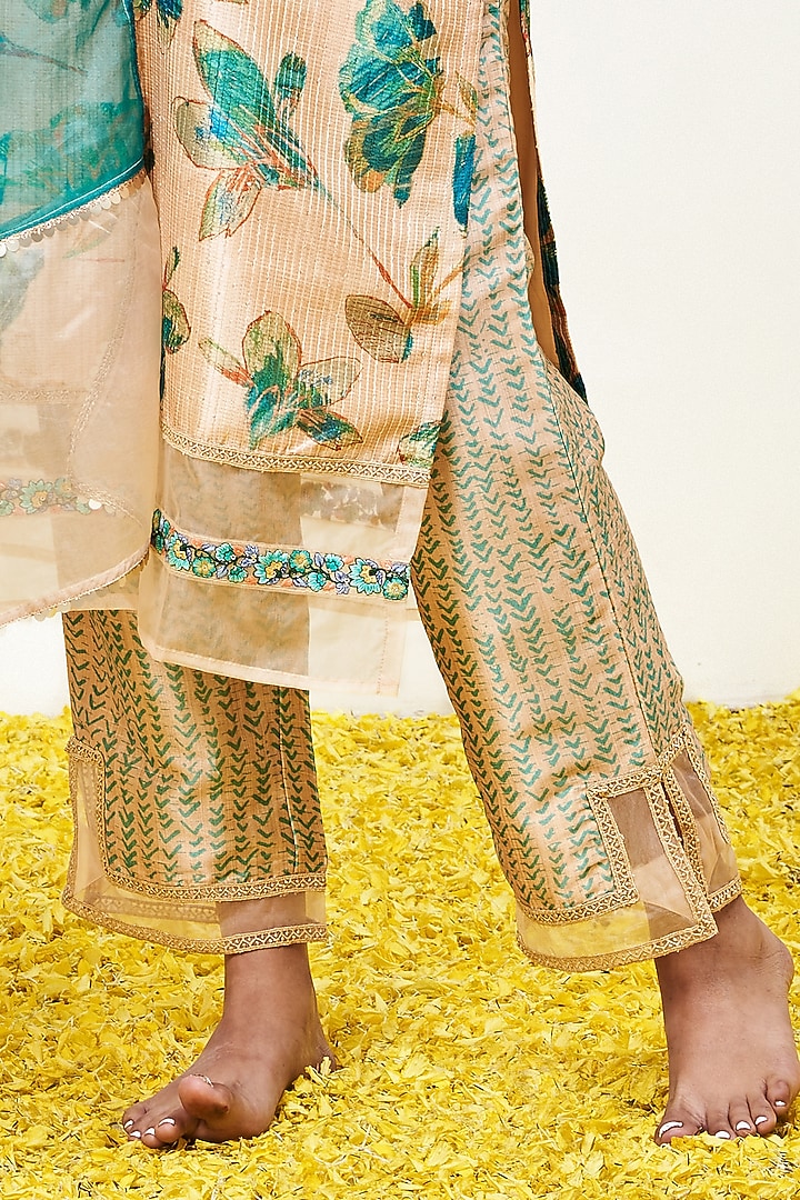Beige Tussar Silk Hand Block Printed Kurta Set by Miar Designs-By Siddhi Shah at Pernia's Pop Up Shop