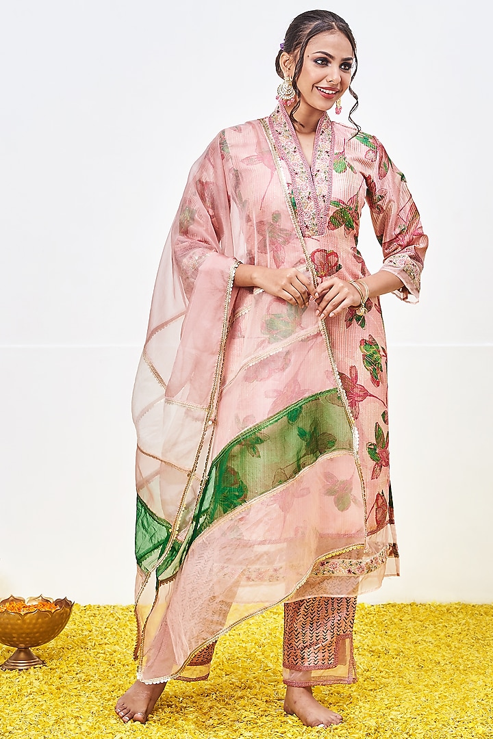 Pink Tussar Silk Hand Block Printed Kurta Set by Miar Designs-By Siddhi Shah