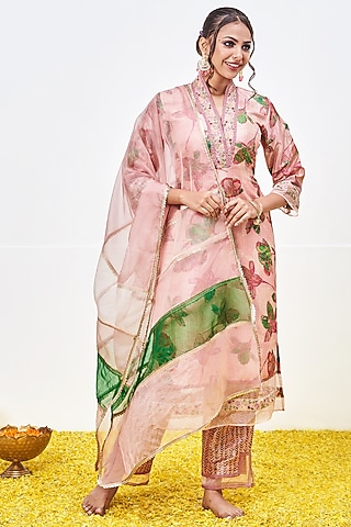 Pink Tussar Silk Hand Block Printed Kurta Set by Miar Designs-By Siddhi Shah