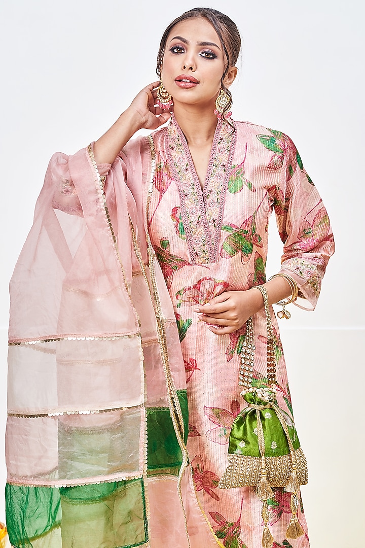 Pink Tussar Silk Hand Block Printed Kurta Set by Miar Designs-By Siddhi Shah at Pernia's Pop Up Shop