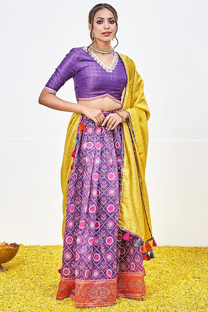 Violet Chanderi Silk Hand Block Printed Lehenga Set by Miar Designs-By Siddhi Shah