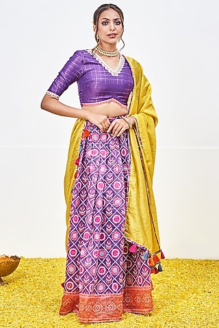 Violet Chanderi Silk Hand Block Printed Lehenga Set by Miar Designs-By Siddhi Shah