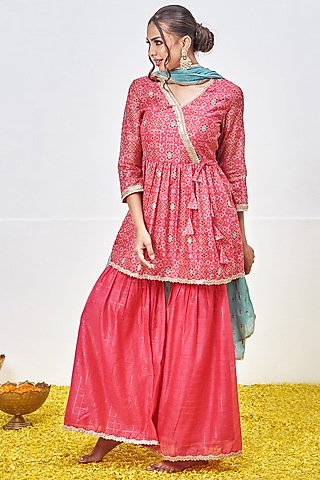 Fuchsia Chanderi Printed Sharara Set by Miar Designs-By Siddhi Shah