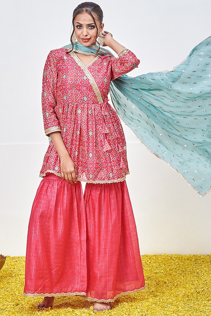 Fuchsia Chanderi Printed Sharara Set by Miar Designs-By Siddhi Shah at Pernia's Pop Up Shop