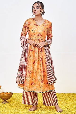 Yellow & Maroon Chanderi Printed Sharara Set by Miar Designs-By Siddhi Shah