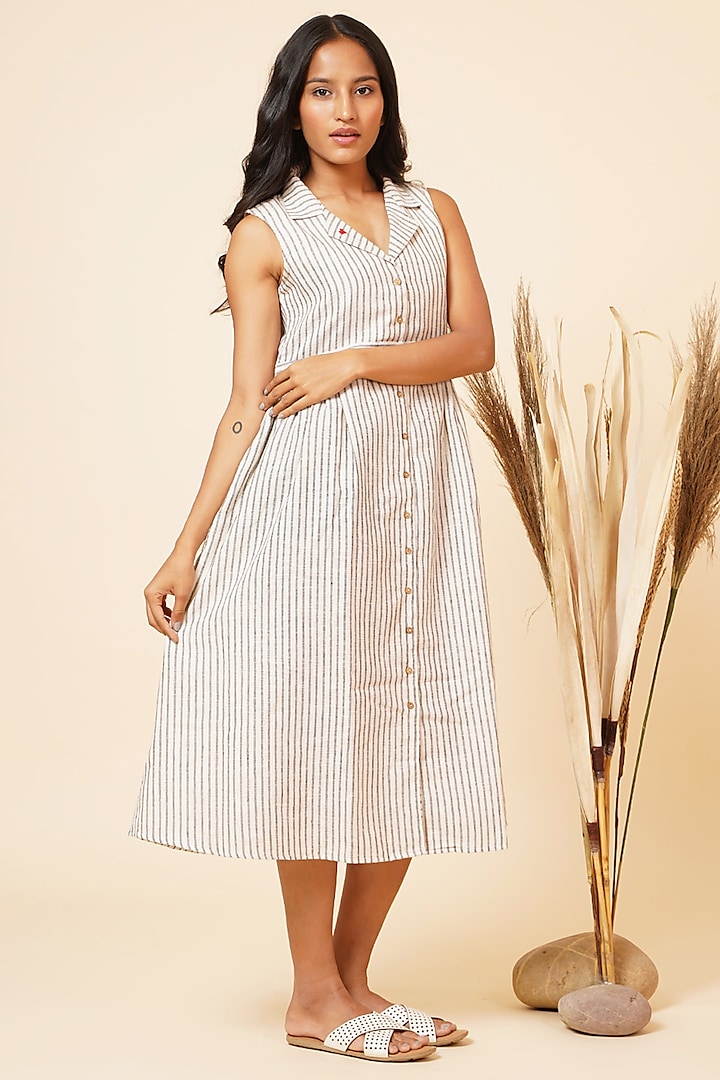 Grey & Ivory Handloom Cotton Midi Dress by Miar Designs-By Siddhi Shah