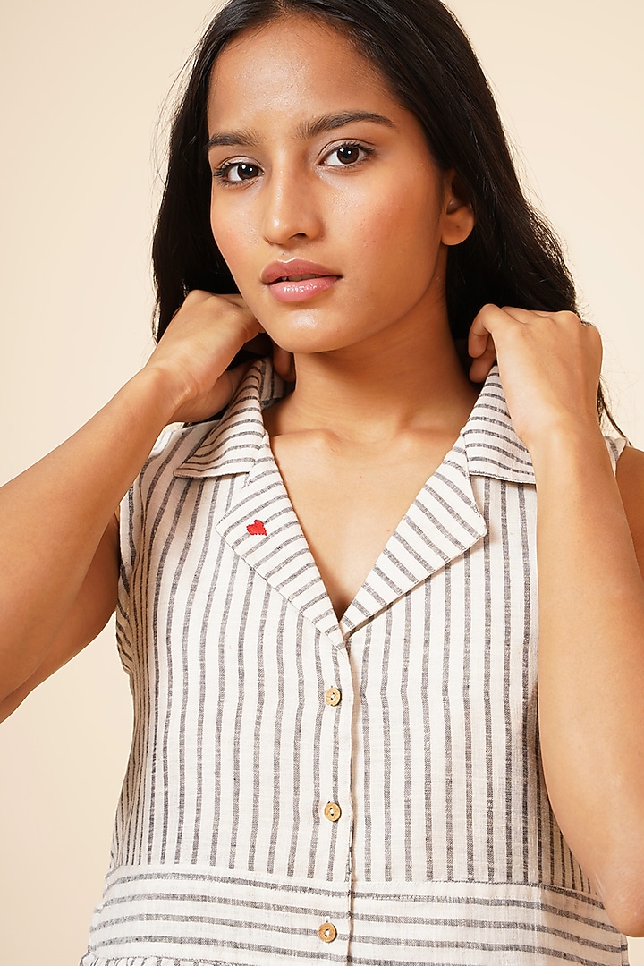 Grey & Ivory Handloom Cotton Midi Summer Dress by Miar Designs-By Siddhi Shah at Pernia's Pop Up Shop