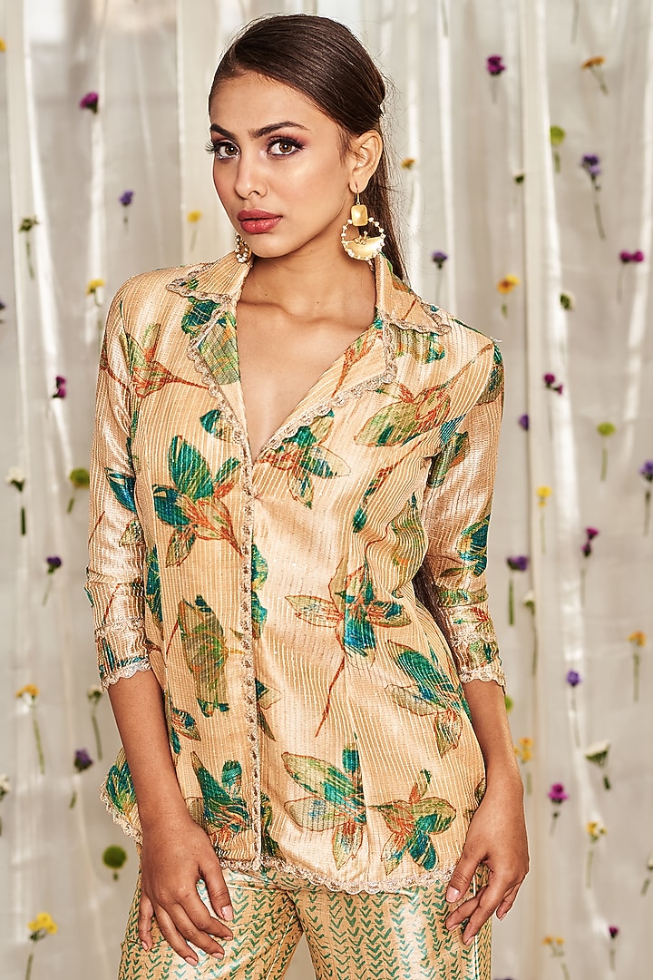 Beige Tussar Silk Printed Co-Ord Set by Miar Designs-By Siddhi Shah at Pernia's Pop Up Shop