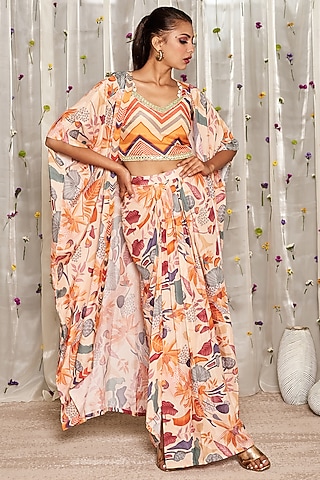 Mustard Pure Muslin Cotton Floral Printed Cape Set by Miar Designs-By Siddhi Shah