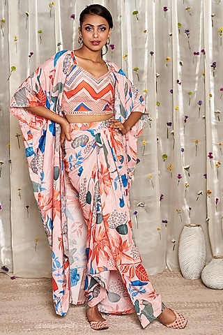 Pink Pure Muslin Cotton Floral Printed Cape Set by Miar Designs-By Siddhi Shah