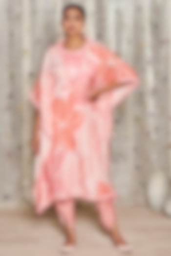 Peach-Pink Pure Muslin Cotton Floral Printed Kaftan Set by Miar Designs-By Siddhi Shah