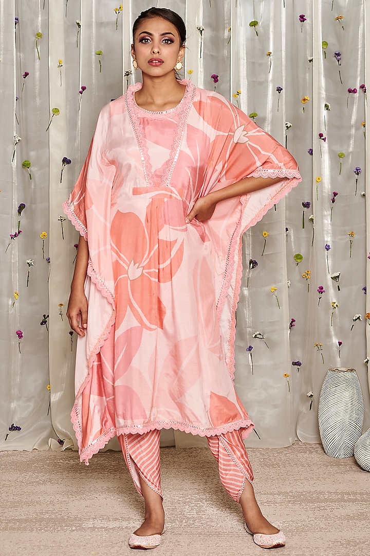 Peach-Pink Pure Muslin Cotton Floral Printed Kaftan Set by Miar Designs-By Siddhi Shah