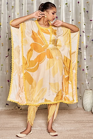 Yellow Pure Muslin Cotton Floral Printed Kaftan Set by Miar Designs-By Siddhi Shah