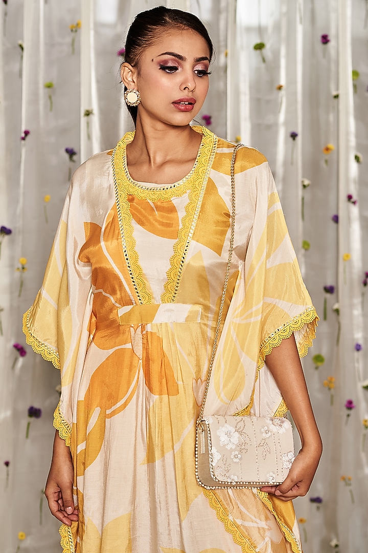 Yellow Pure Muslin Cotton Floral Printed Kaftan Set by Miar Designs-By Siddhi Shah at Pernia's Pop Up Shop