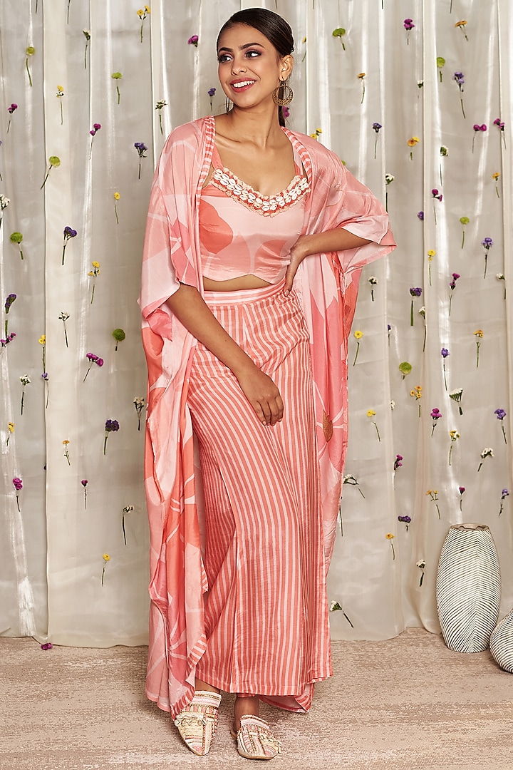 Pink Pure Muslin Cotton Printed Cape Set by Miar Designs-By Siddhi Shah