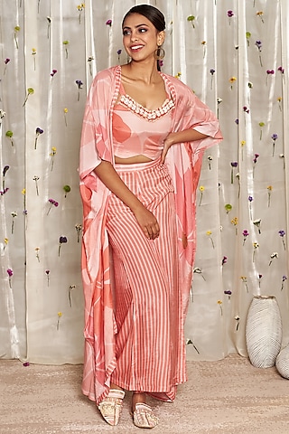 Pink Pure Muslin Cotton Printed Cape Set by Miar Designs-By Siddhi Shah