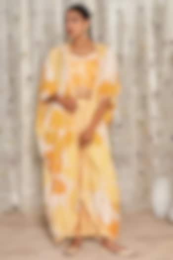 Yellow Pure Muslin Cotton Printed Cape Set by Miar Designs-By Siddhi Shah