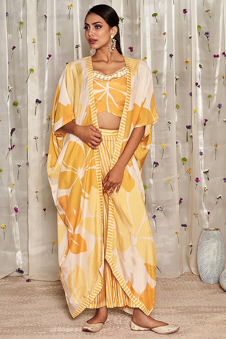 Yellow Pure Muslin Cotton Printed Cape Set by Miar Designs-By Siddhi Shah