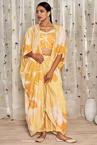 Yellow Pure Muslin Cotton Printed Cape Set by Miar Designs-By Siddhi Shah