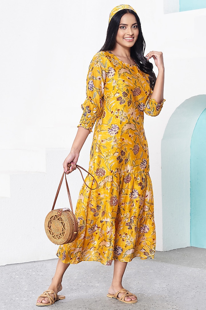 Mango Yellow & Maroon Floral Printed Midi Dress by Miar Designs-By Siddhi Shah
