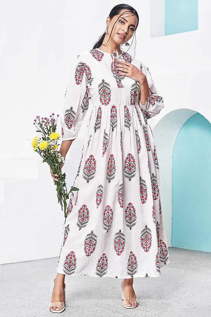 White Hand Block Printed Midi Dress by Miar Designs-By Siddhi Shah