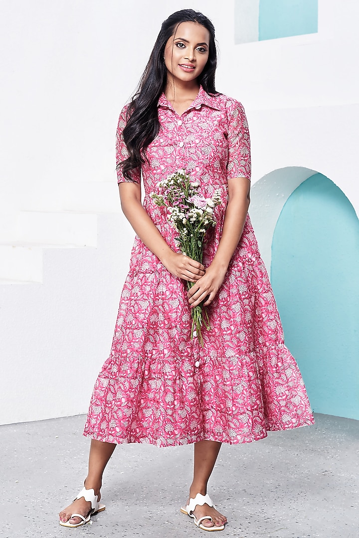 Pink Hand Block Printed Midi Dress by Miar Designs-By Siddhi Shah