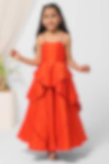 Orange Poly Asymmetrical Gown For Girls by Mini Chic