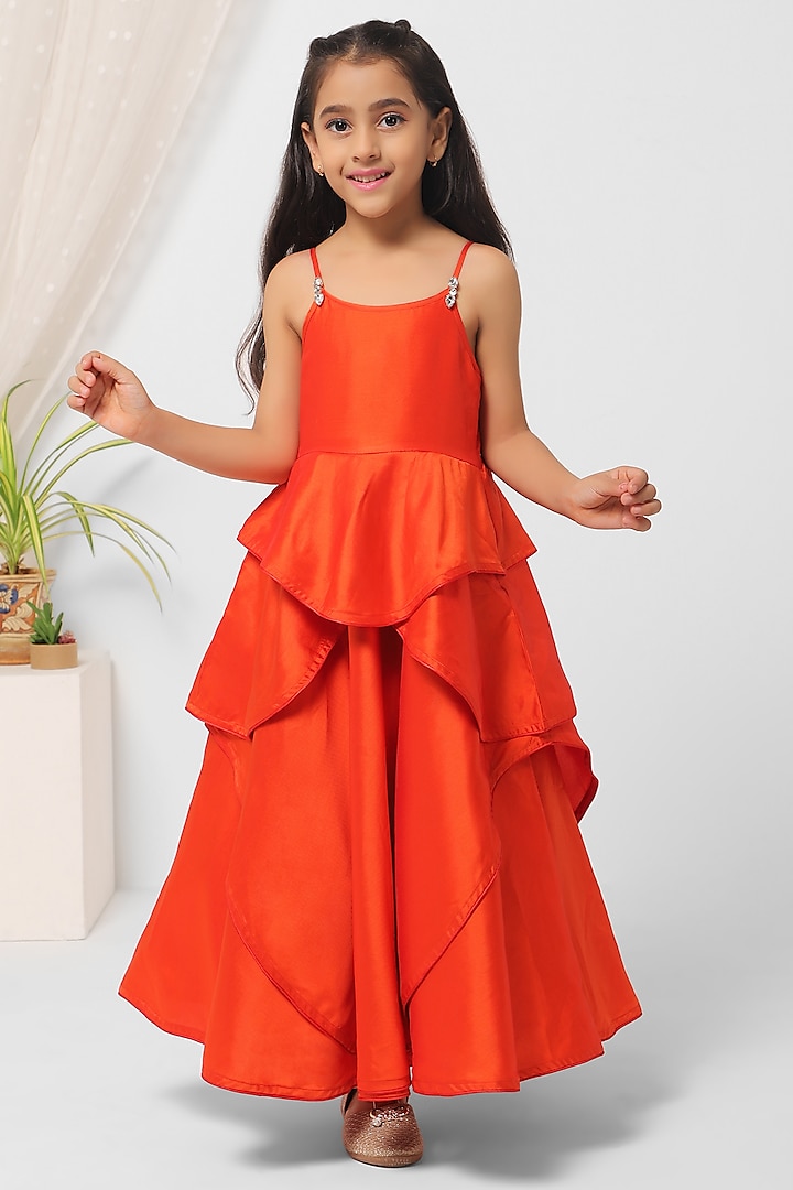 Orange Poly Asymmetrical Gown For Girls by Mini Chic