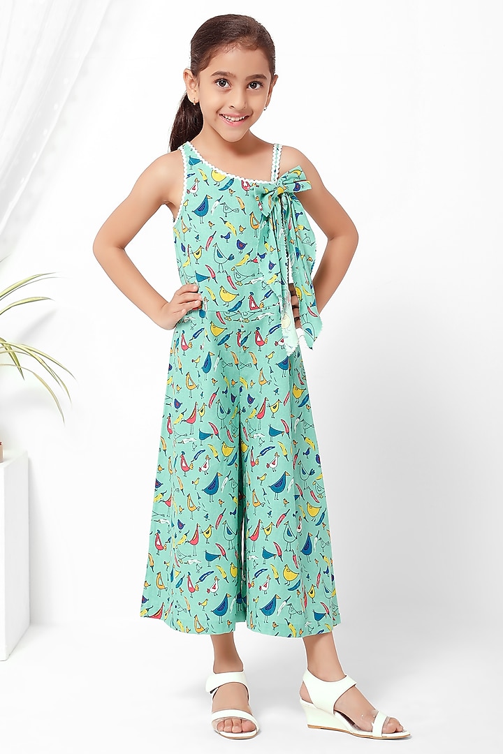 Turquoise Printed Jumpsuit For Girls by Mini Chic