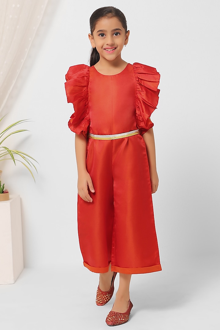 Orange Polyester Jumpsuit For Girls by Mini Chic