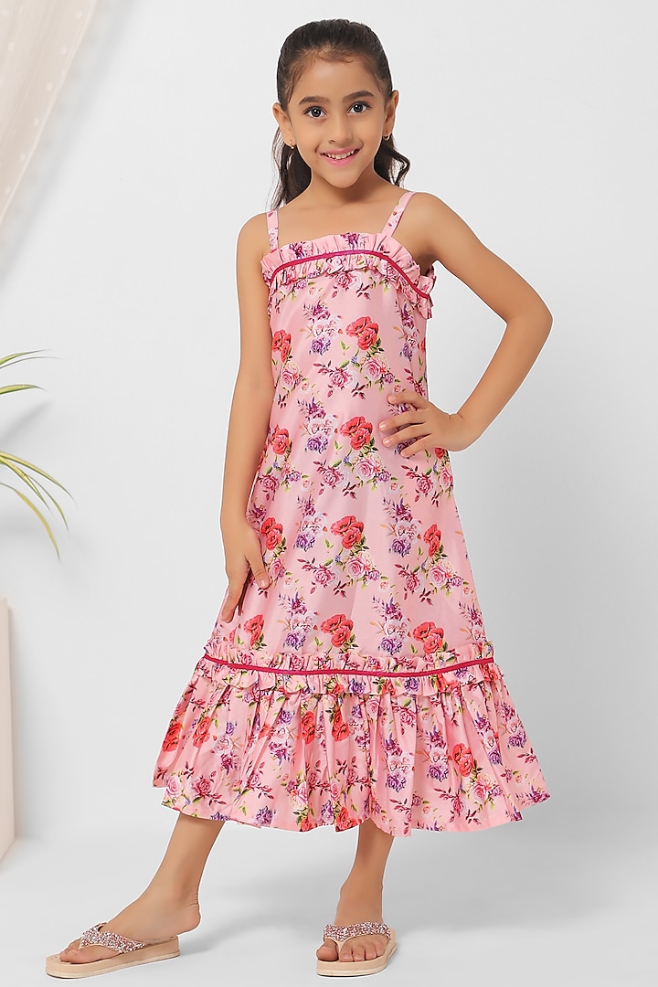 Pink Polyester Printed Midi Dress For Girls by Mini Chic
