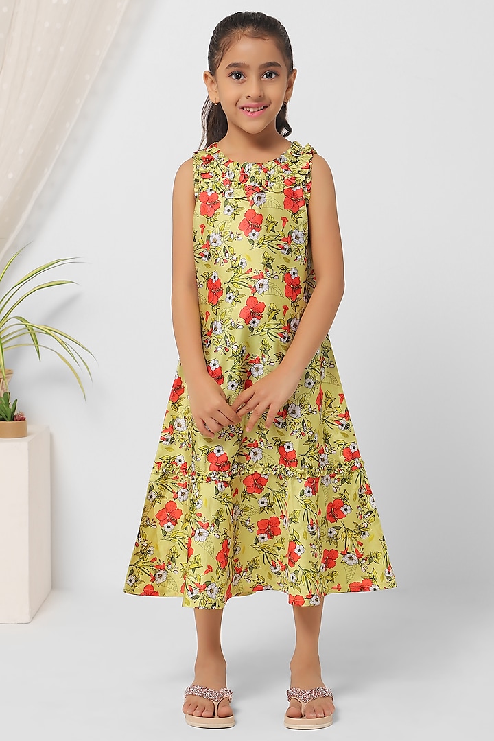 Yellow Polyester Printed Midi Dress For Girls by Mini Chic