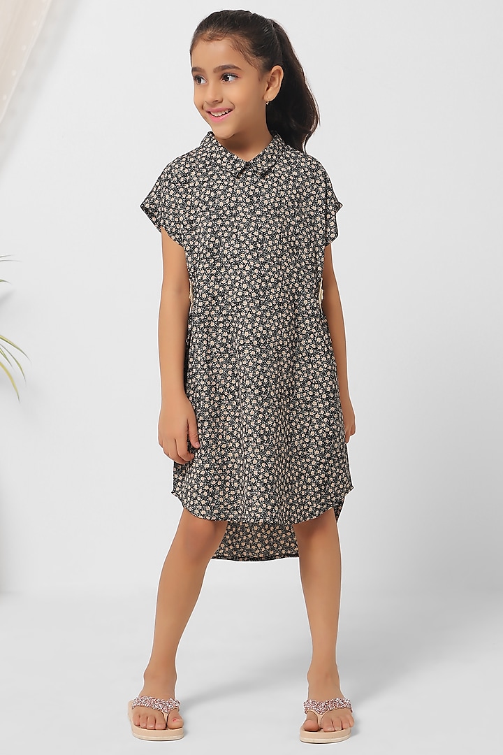 Black Floral Printed Dress For Girls by Mini Chic