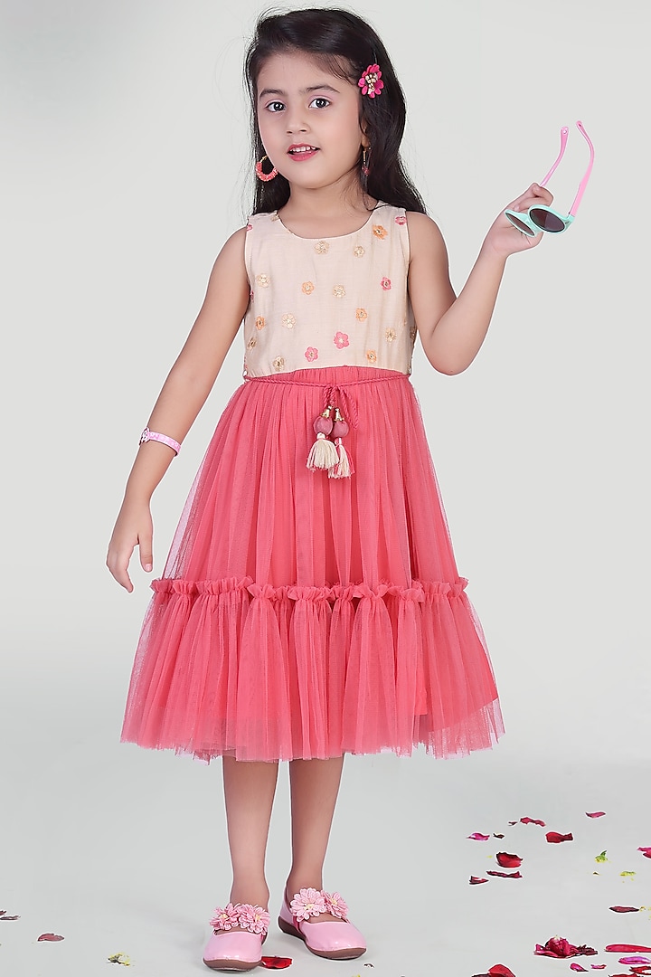 White & Coral Embroidered Dress For Girls by Mini Chic